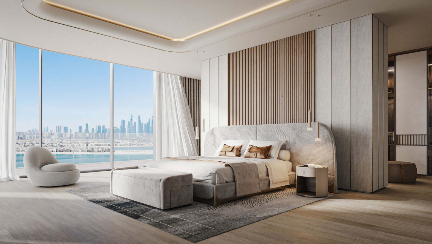BELLA by PASSO — master bedroom with Dubai skyline view