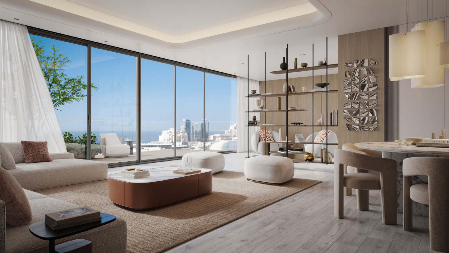 BELLA by PASSO — living room with Palm Jumeirah outlook