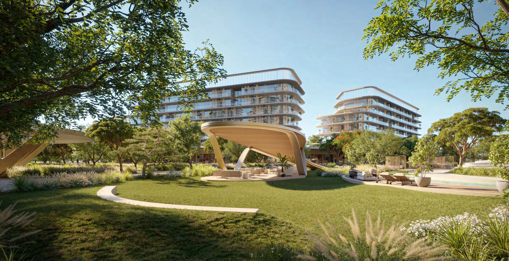 HADO three-tower residences on Dubai Islands — garden pavilions and curved architecture