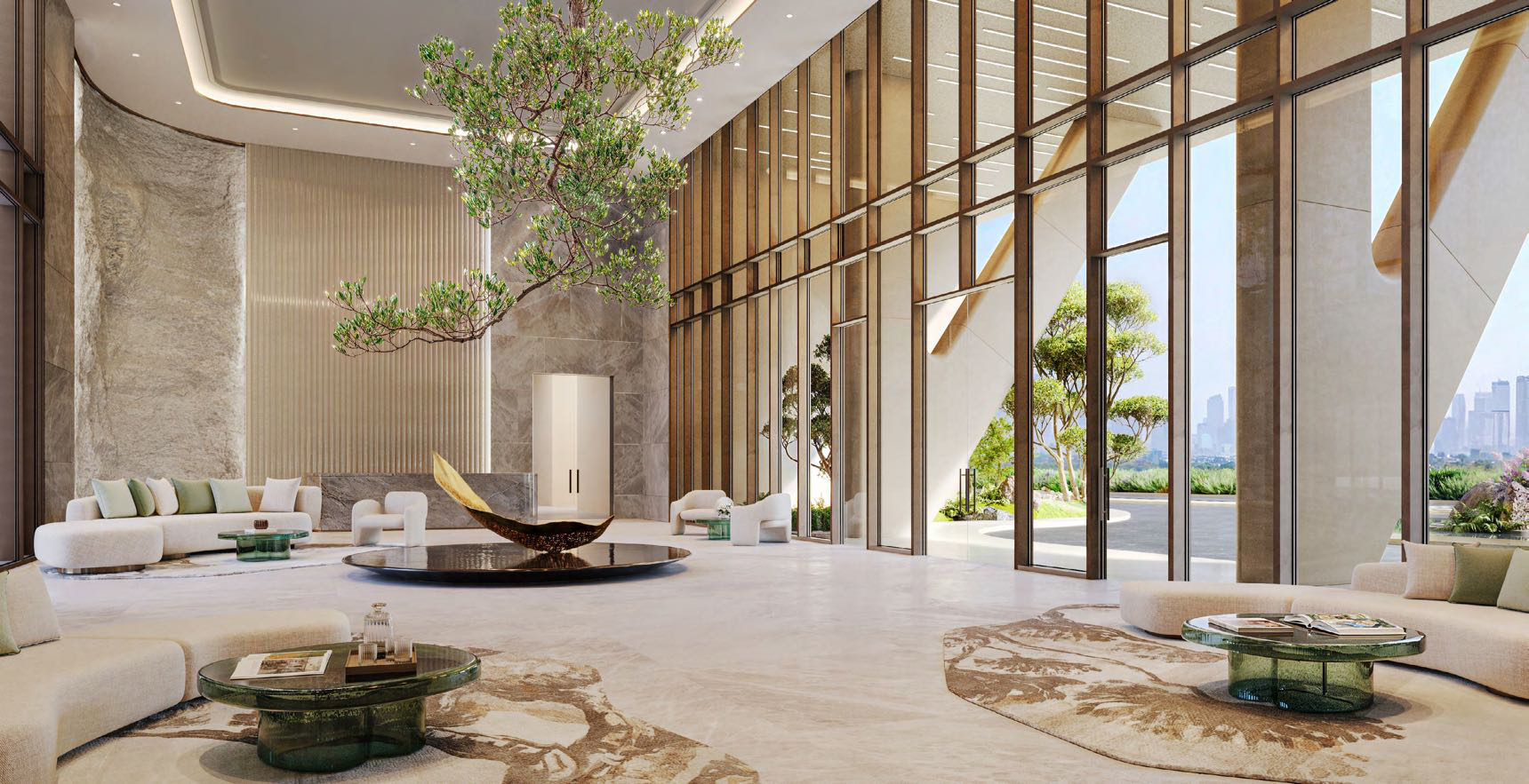 HADO — double-height lobby with travertine and curated greenery