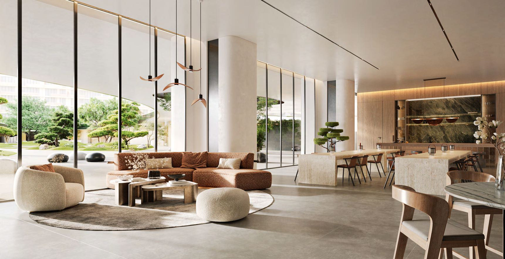 Sun-lit residents' lounge with travertine floors and curated landscaping