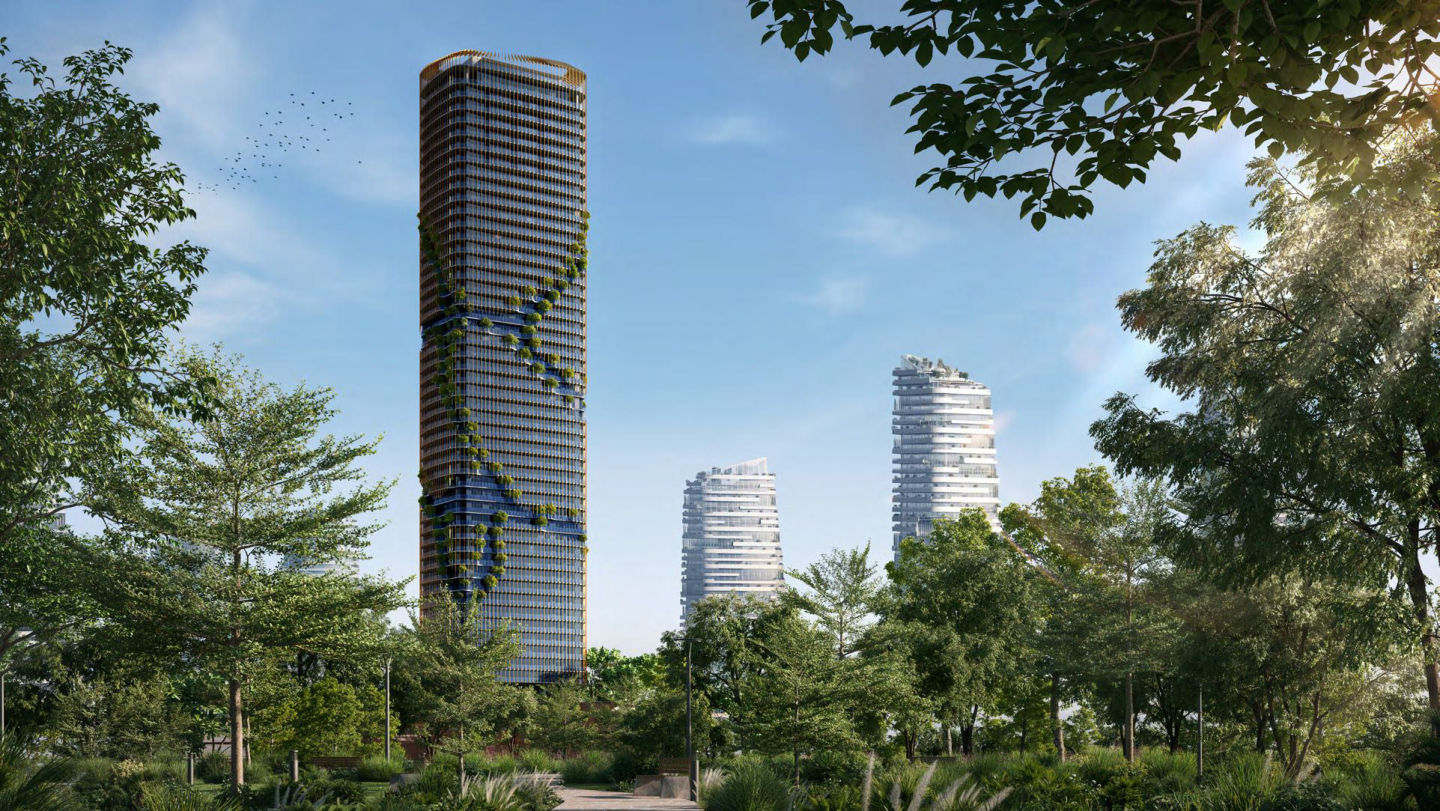 Kanyon tower at Dubai Maritime City, surrounded by greenery — by Beyond