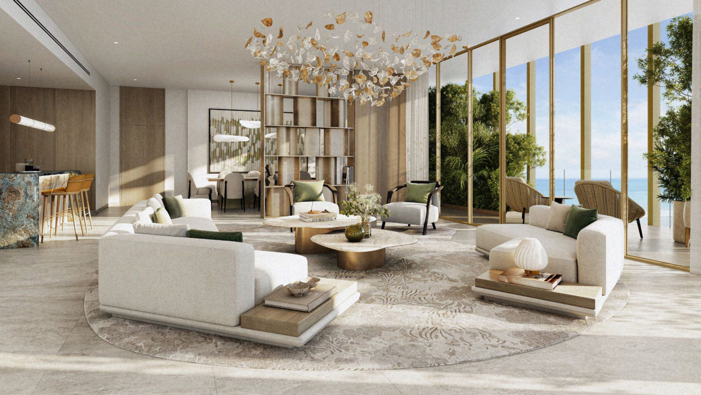 Kanyon residence — open-plan living with gold chandelier and sea view