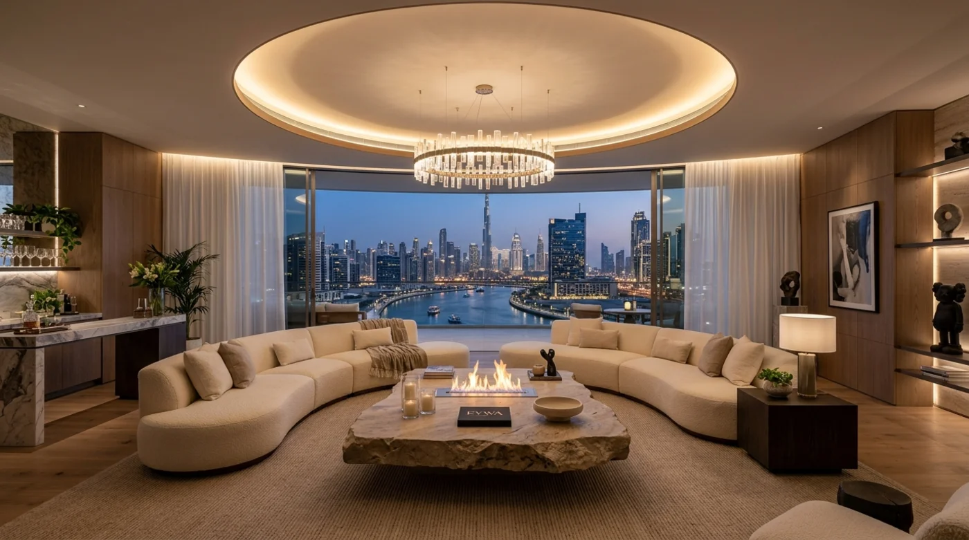 Penthouse circular living salon with panoramic canal and Downtown skyline view