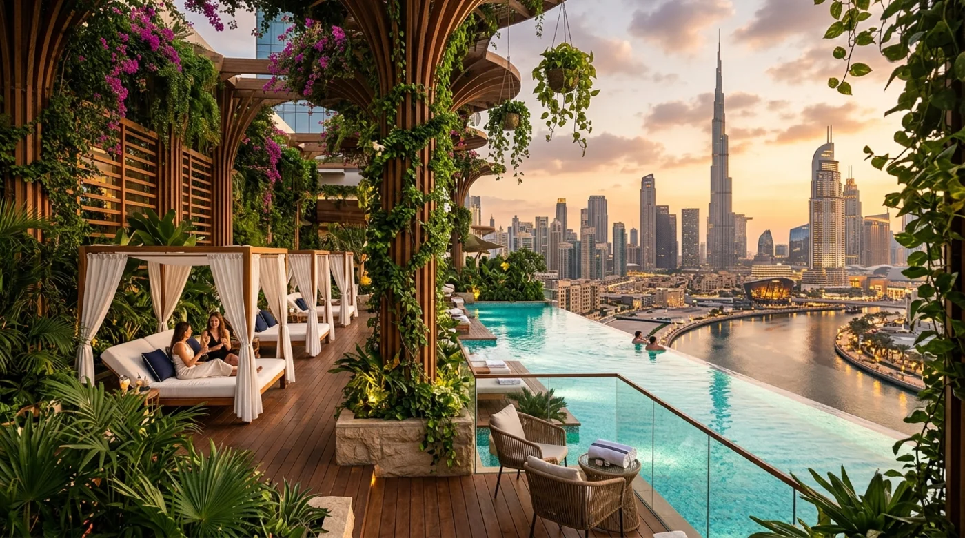 Infinity pool amenity terrace overlooking the canal and Dubai skyline at golden hour