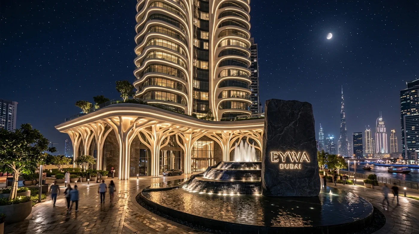 Architectural night photography of EYWA with illuminated banyan root entrance