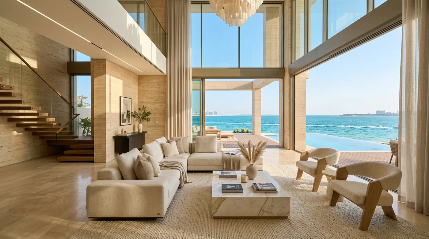 Grand living salon with floor-to-ceiling glass and pool terrace at Hudayriyat Island villa
