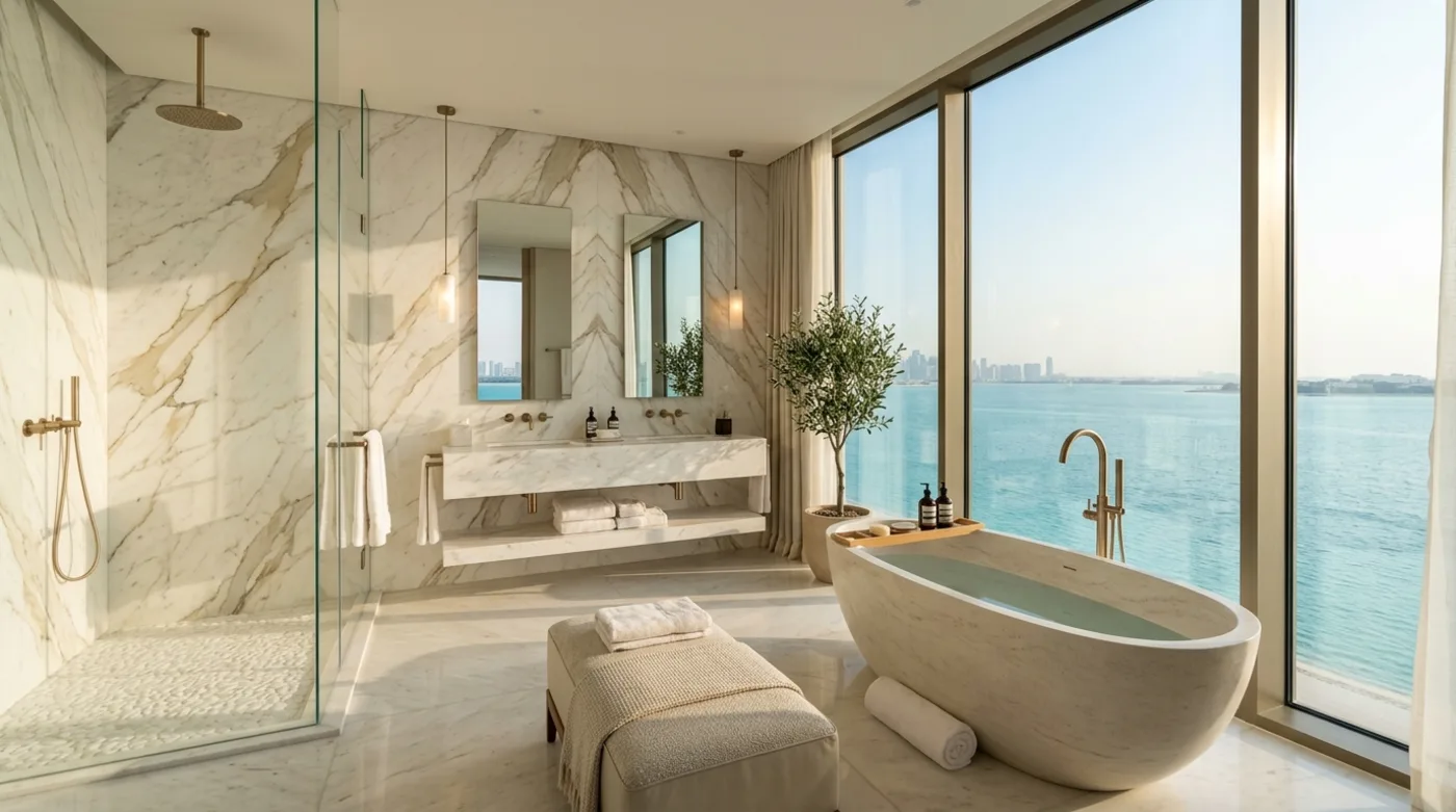 Spa ensuite master bathroom with freestanding stone tub and marble wall