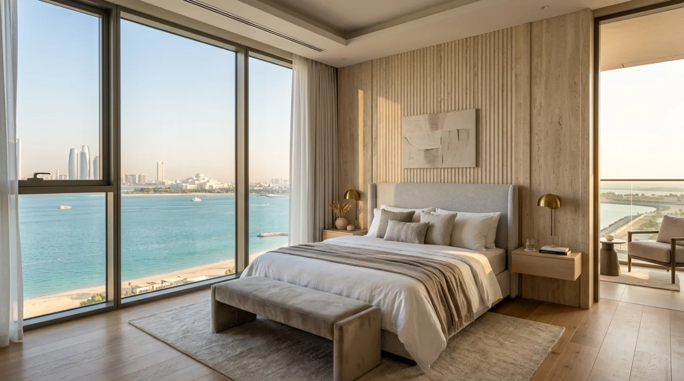 Luxury guest bedroom suite with panoramic window in Hudayriyat Island apartment