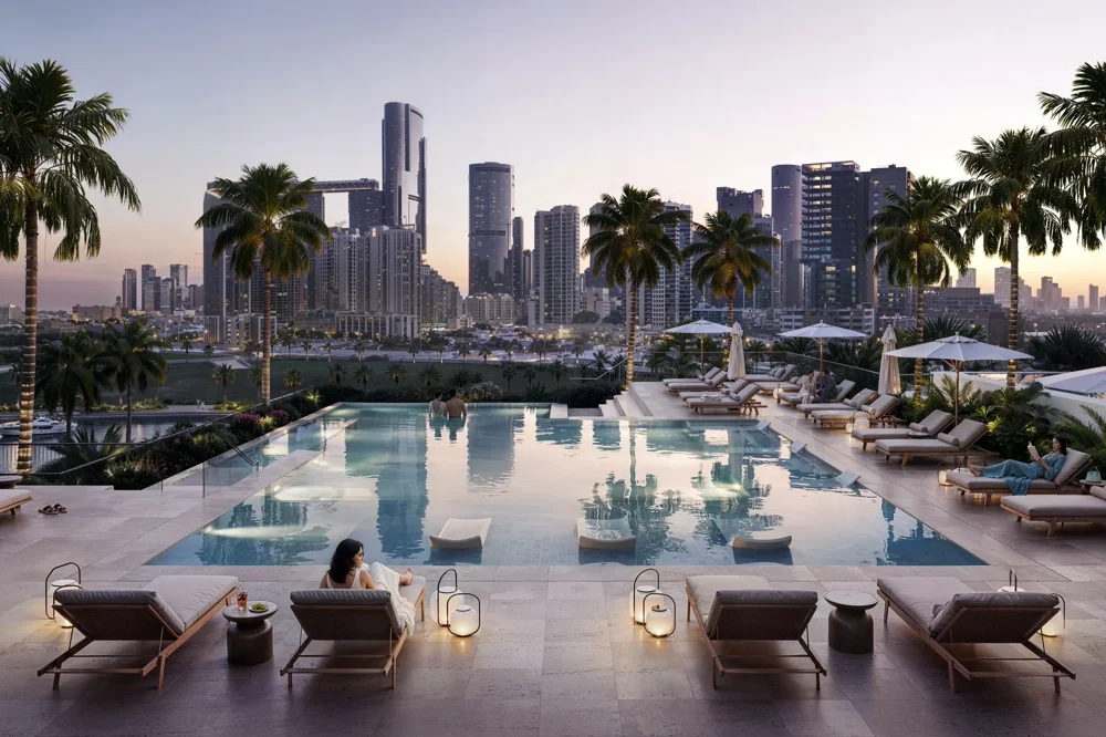 Olympic-size lap pool and landscaped resort deck at Riviera Residences Reem Island