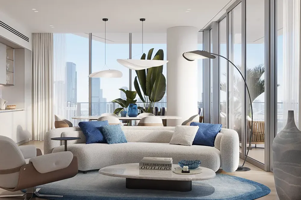 Panoramic apartment living space with natural wood and floor-to-ceiling glass