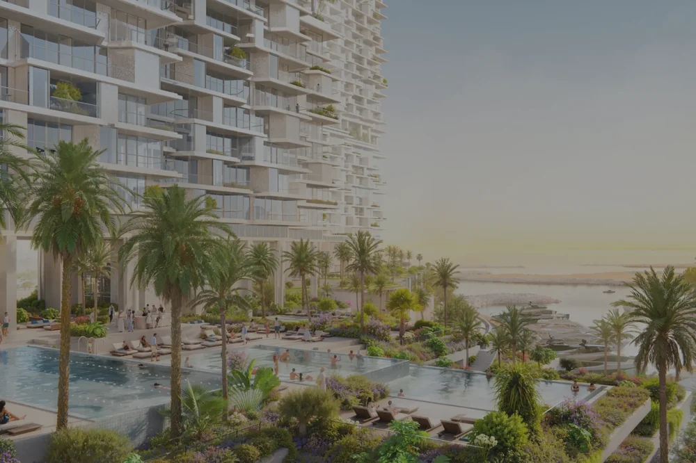 Aerial master perspective of Riviera Residences along Oval Bay and lagoon